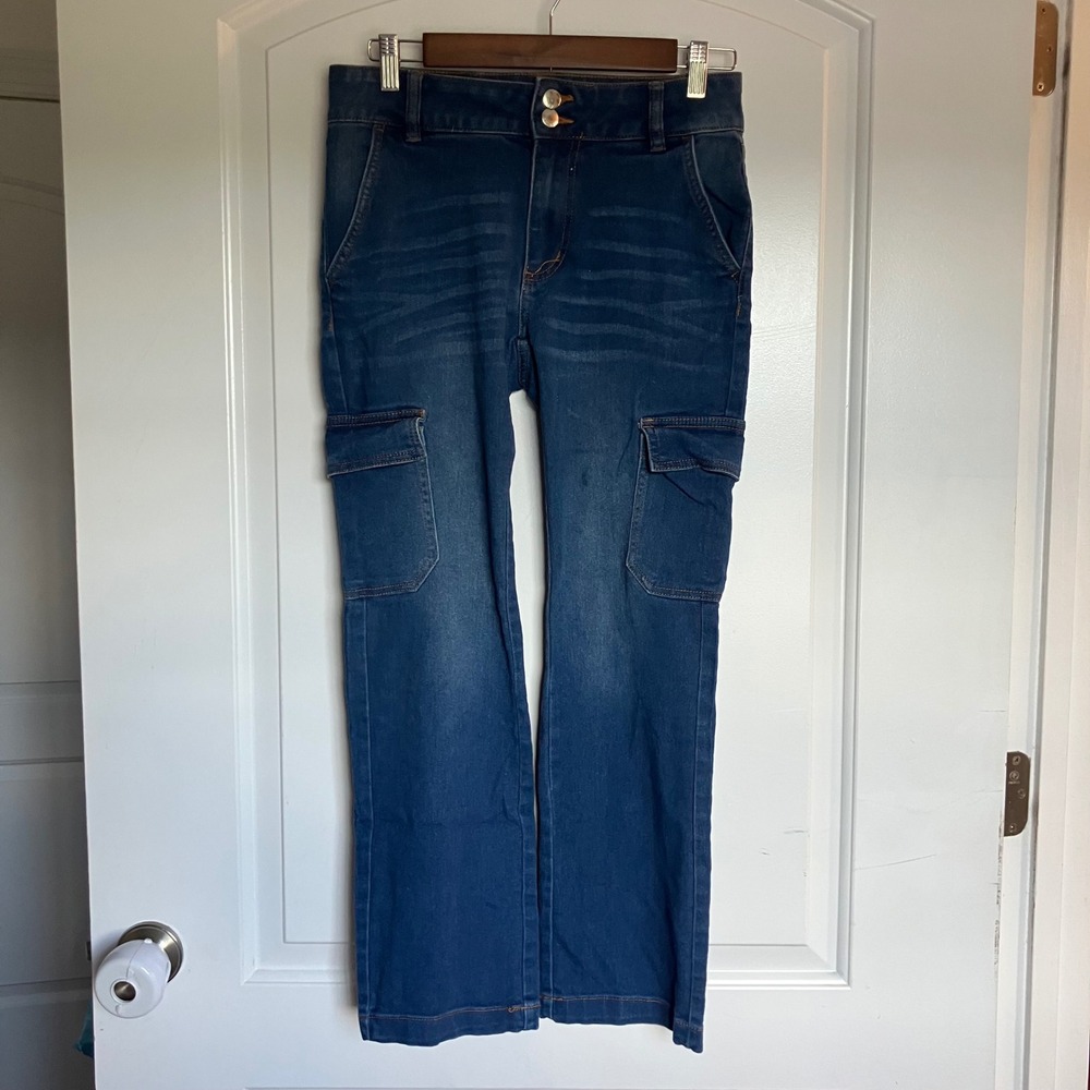 Tahari Premium Denim Womens Medium Wash Straight Leg Cargo Jeans Blue